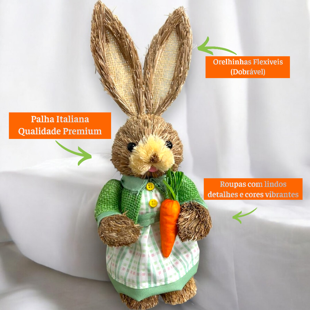 Coelhinha da Pascoa Linda Decoração em Palha Italiana 33cm com Ovinhos Isopor Roupa Verde Vibrante