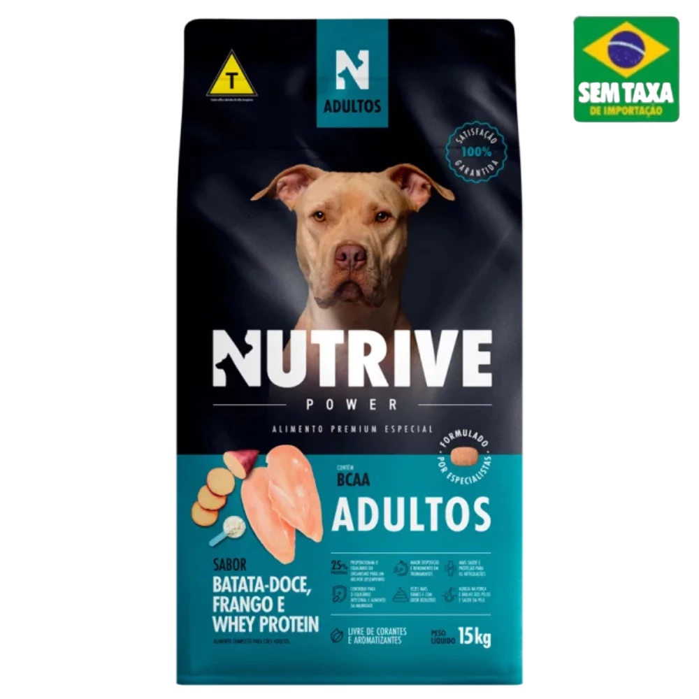 Nutrive Cães Adultos Power 15kg Batata doce, frango e whey protein - Envio Imediato