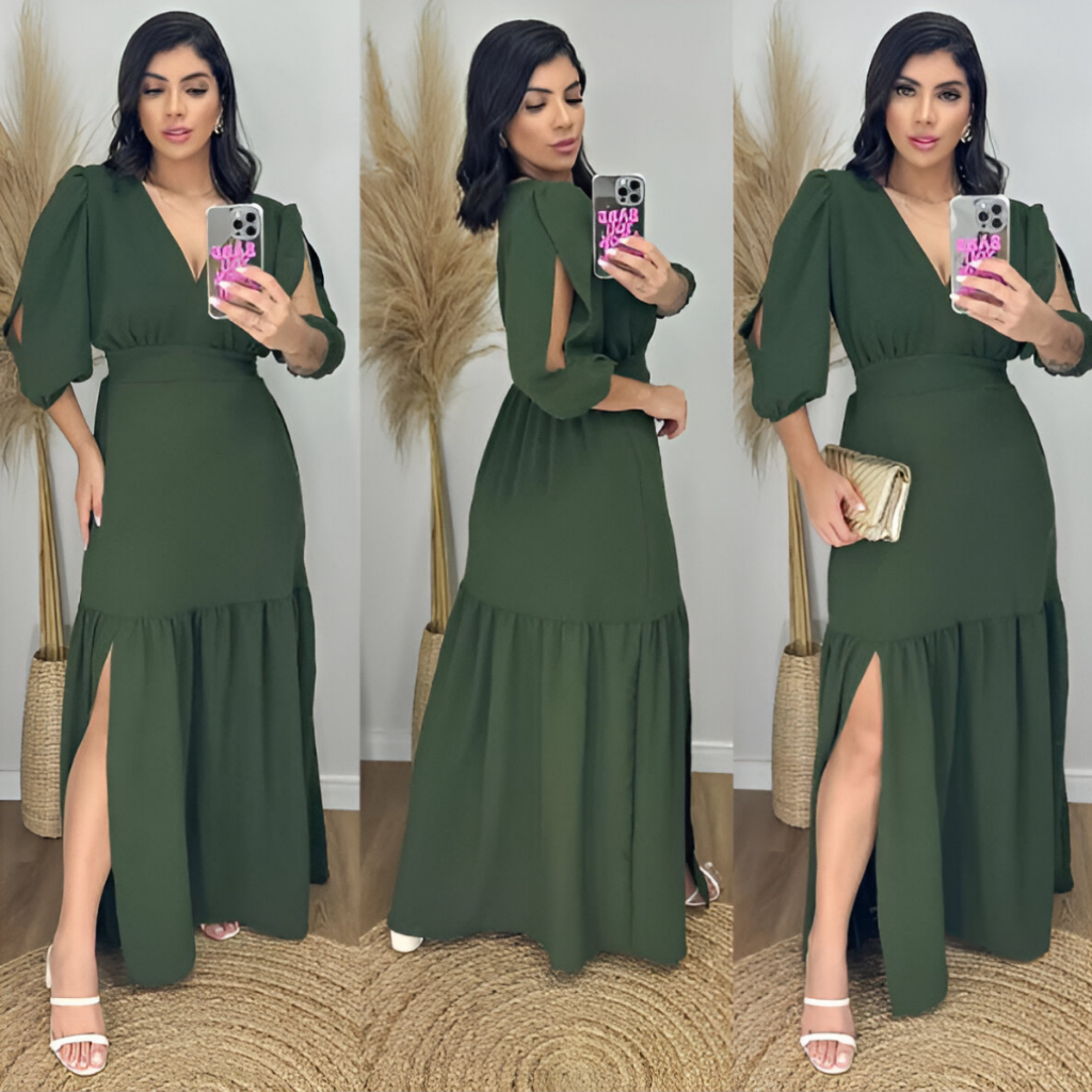 Vestido Longo Feminino Manga 3/4 Fenda na perna Evangelico Plus Festa Casamento Madrinha E...