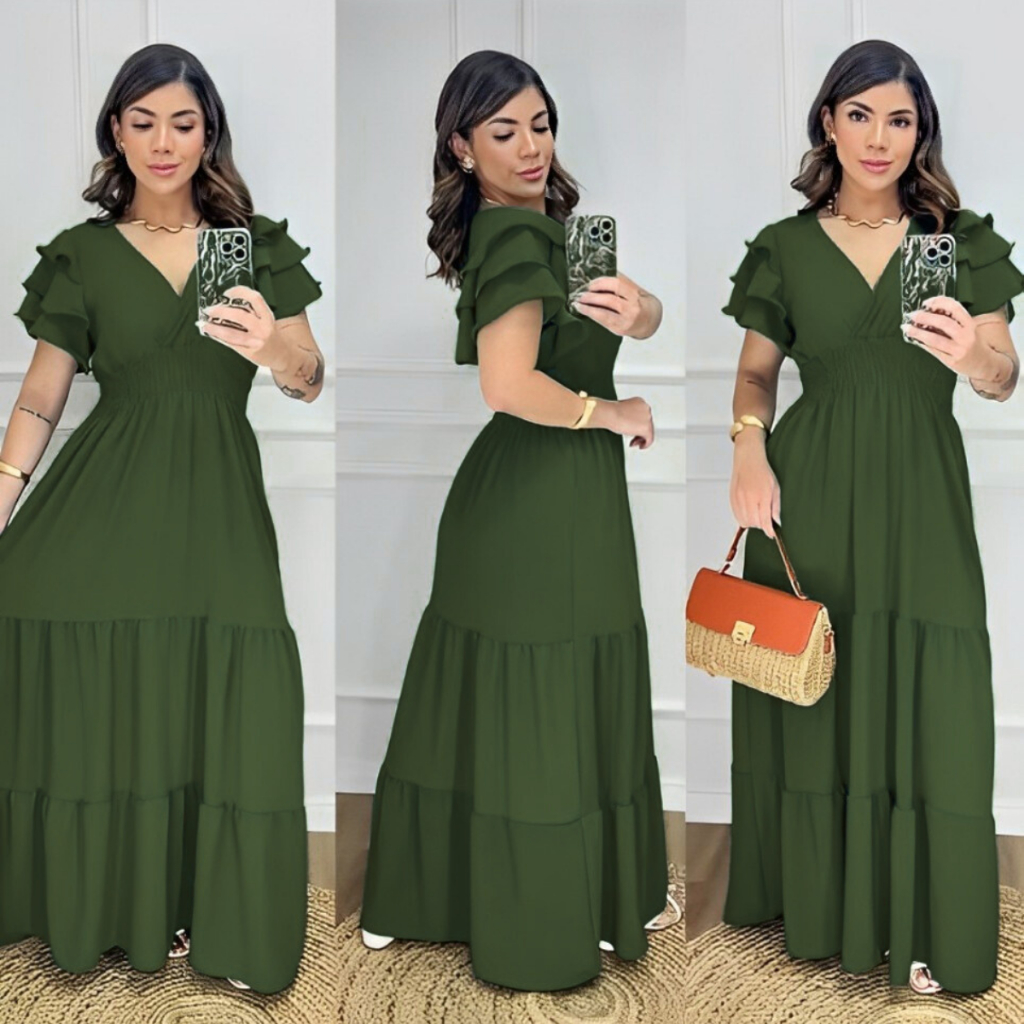 Vestido Feminino Longo Manga Curta Saia 3 Marias Duna Casameto Evangelico Formatura Dia das Mães em Oferta na Shopee