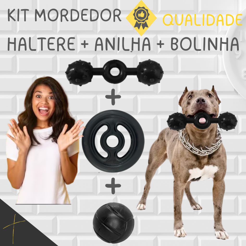 Kit Brinquedo Mordedor para Cachorro Haltere com Cravos + Anilha Black + Bolinha Lisa Interativo