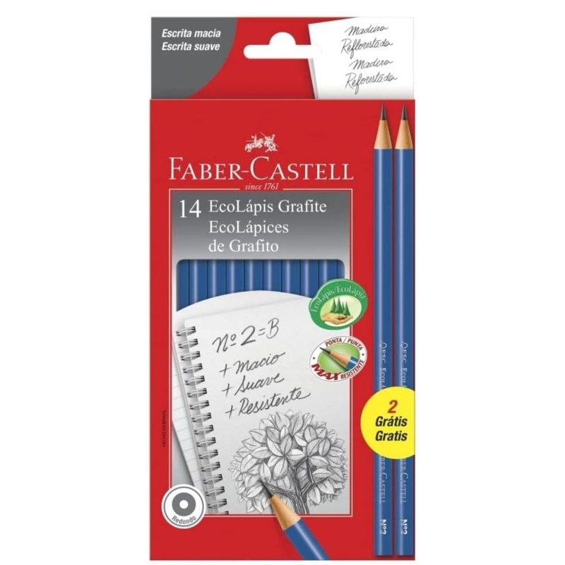 Lápis Faber-Castell Preto Redondo Nº2HB EcoLápis, 14 Lápis Kit 12 + 2 Grátis Kit Escolar Universitário Aula em Oferta na Shopee