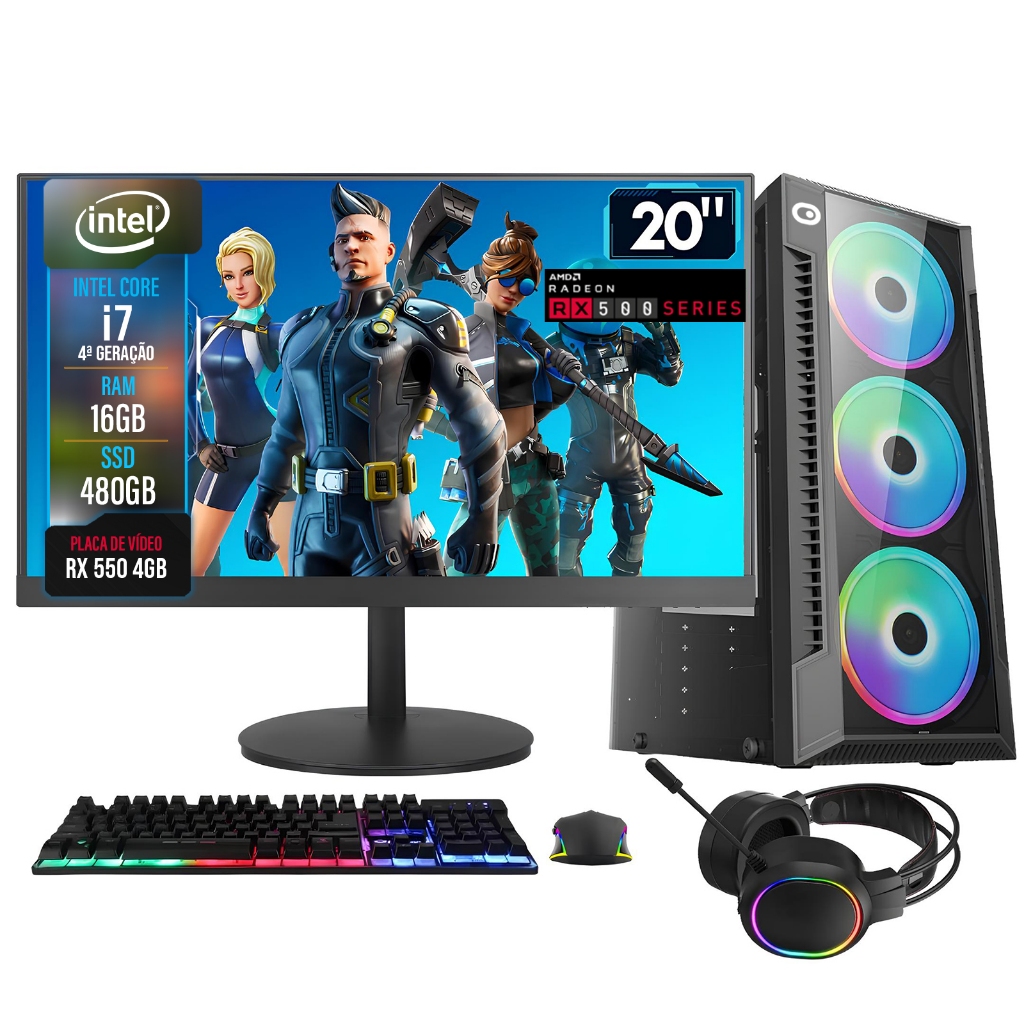 PC Gamer Completo 2Eletro Shot, Intel Core i7,16GB,Radeon RX 4GB, 480GB, 500W, LED 20" - PG2E-0116SH