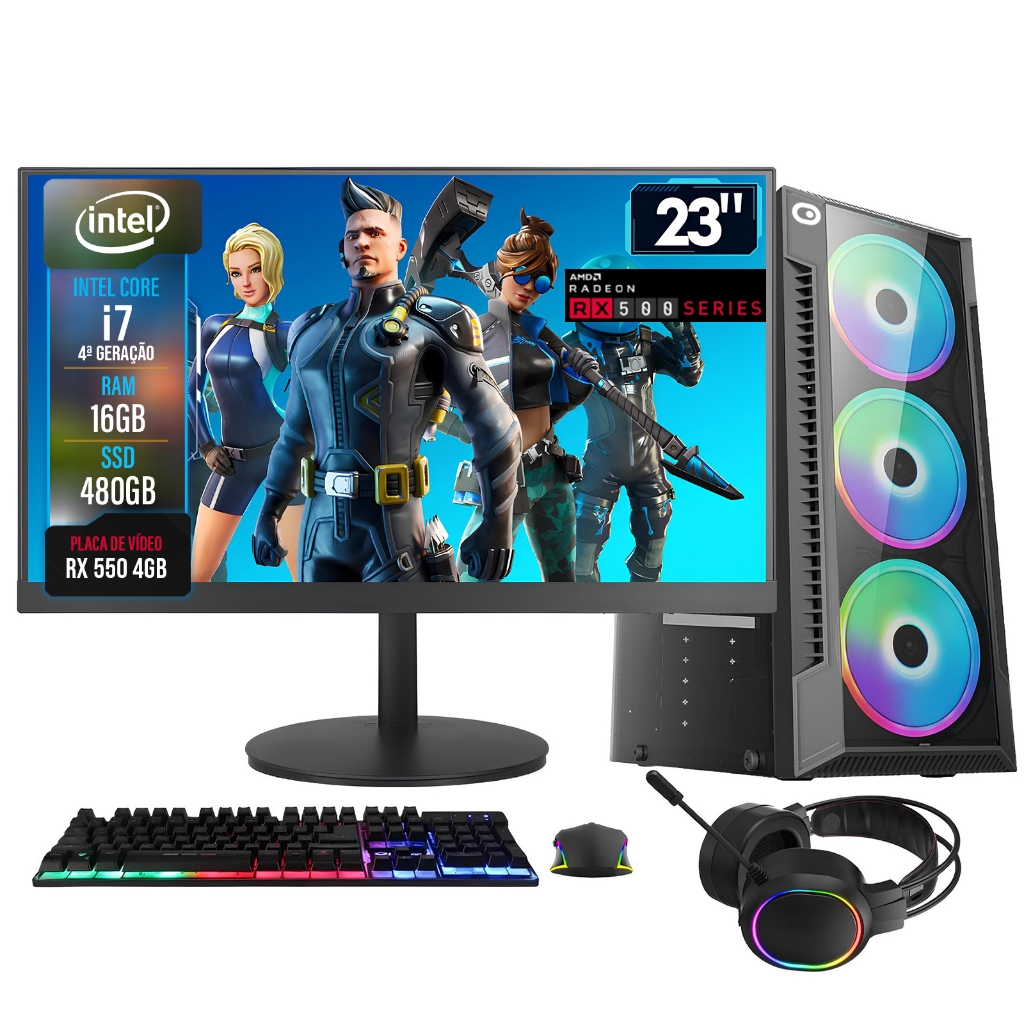 PC Gamer Completo 2Eletro Shot, Intel Core i7,16GB,Radeon RX 4GB, 480GB, 500W, LED 23" - PG2E-0118SH em Oferta na Shopee