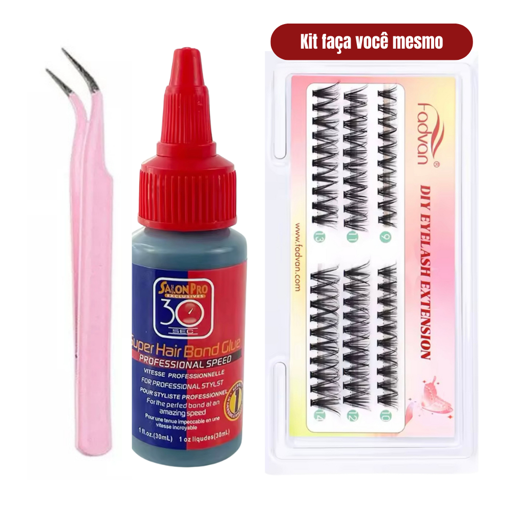 Kit Cilios Tufo 10p 20p 30p 40p + Cola Salon Pro 30seg + Pinça Curva faça voce mesmo