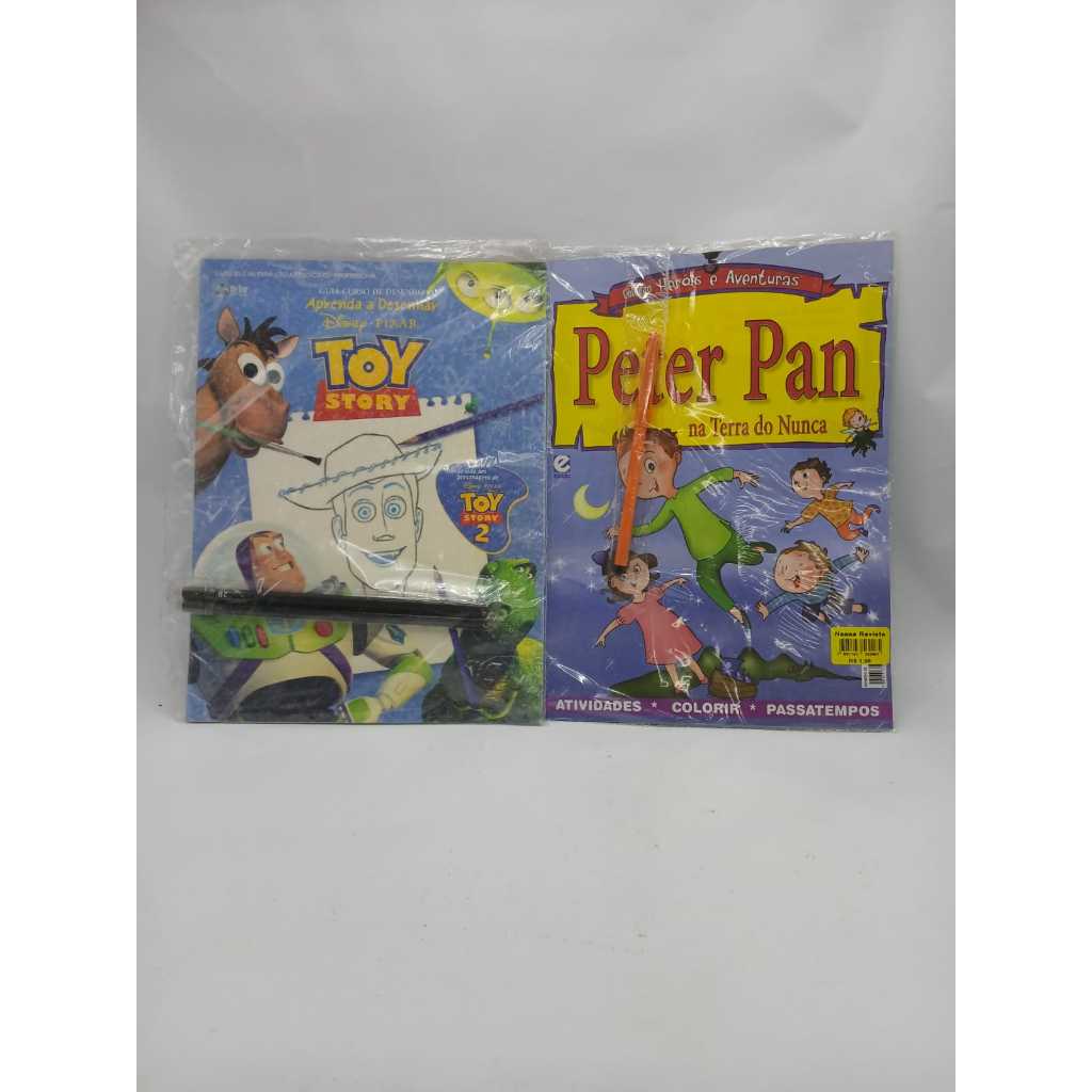 2 Livros de Colorir Peter Pan na Terra do Nunca e Guia Curso de Desenho Aprenda a Desenhar de Toy Story