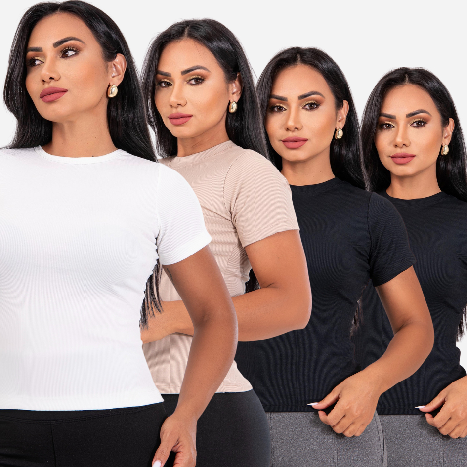 Kit 4 Blusa Feminina Canelada Básica Gola Redonda Casual Confortável e Elegante