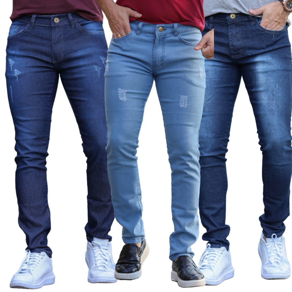 Kit 3 Calças Jeans Masculina Skinny Elastano Queima de Estoque