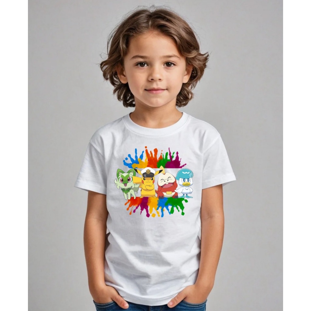 Camiseta Unissex 100% Algodão Camiseta Manga Curta Infantil Adulto e Plus Size Pokémon Pikachu Fuecoco Sprigatito