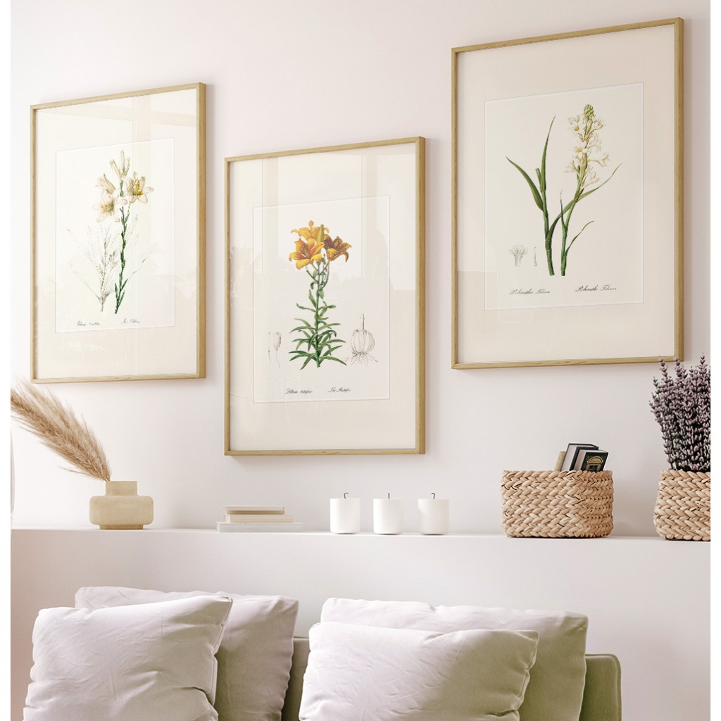 Quadros Decorativos Sala Quarto Casal Trio Com Moldura Arte Floral Flores Lis Blanc & Lis Bulbifere