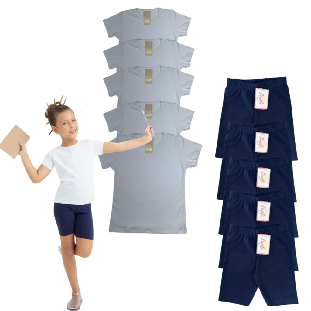 Kit 10 Peças Blusa Cotton e Bermuda Cotton Uniforme Escolar Infantil Juvenil Menina Tam 1 ao 16