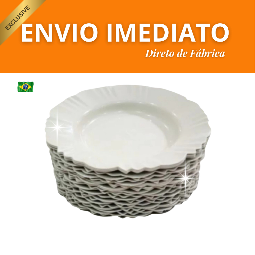 Kit Prato Fundo com Borda Branco Refeição Churrasco Festa Pratos Plastico