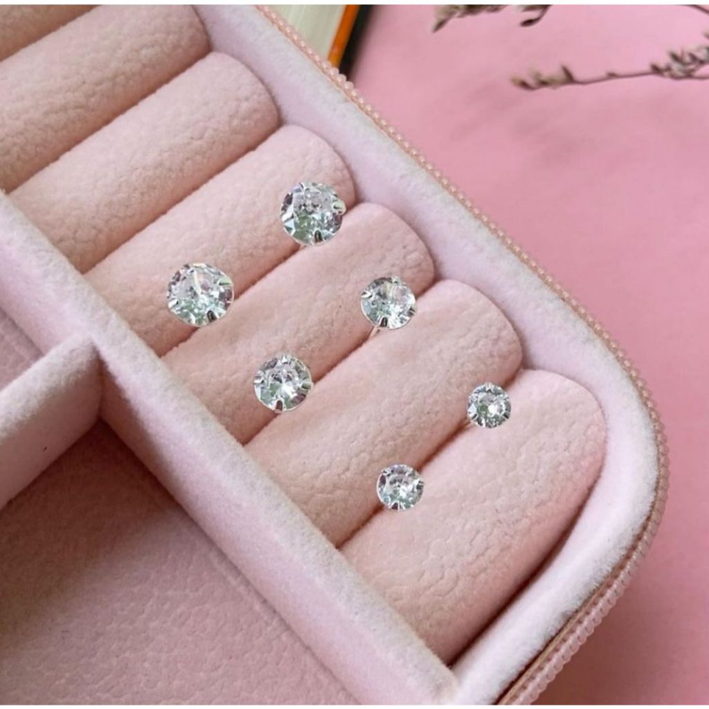 Trio de brincos a prata Folheado 925 com pedra de zircônia redonda Banhado  prata 925 em Oferta na Shopee