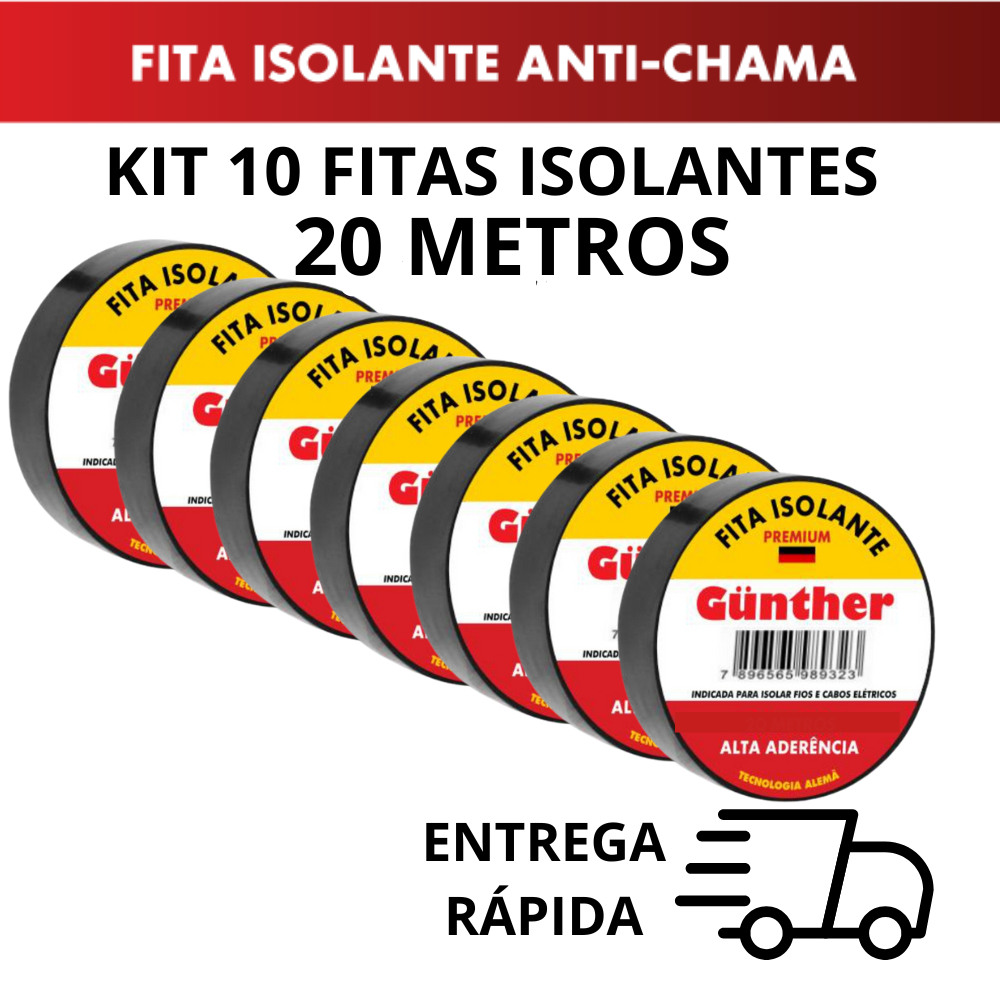 Kit 10 Fitas isolante 20 Metros Alta Qualidade Anti-Chama Gunther OU Kit 5 unidades em Oferta na Shopee