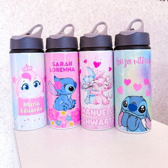 Garrafinha  stitch e outros personagens BARBIE, LULUCA, HOMEM ARANHA, SONIC, PRINCESAS, UNICORNIO