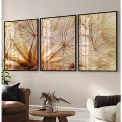 Quadro Dente De Leão Trio Quadro Decorativo Sala Com Moldura E Vidro Quarto Casal Tons Quentes