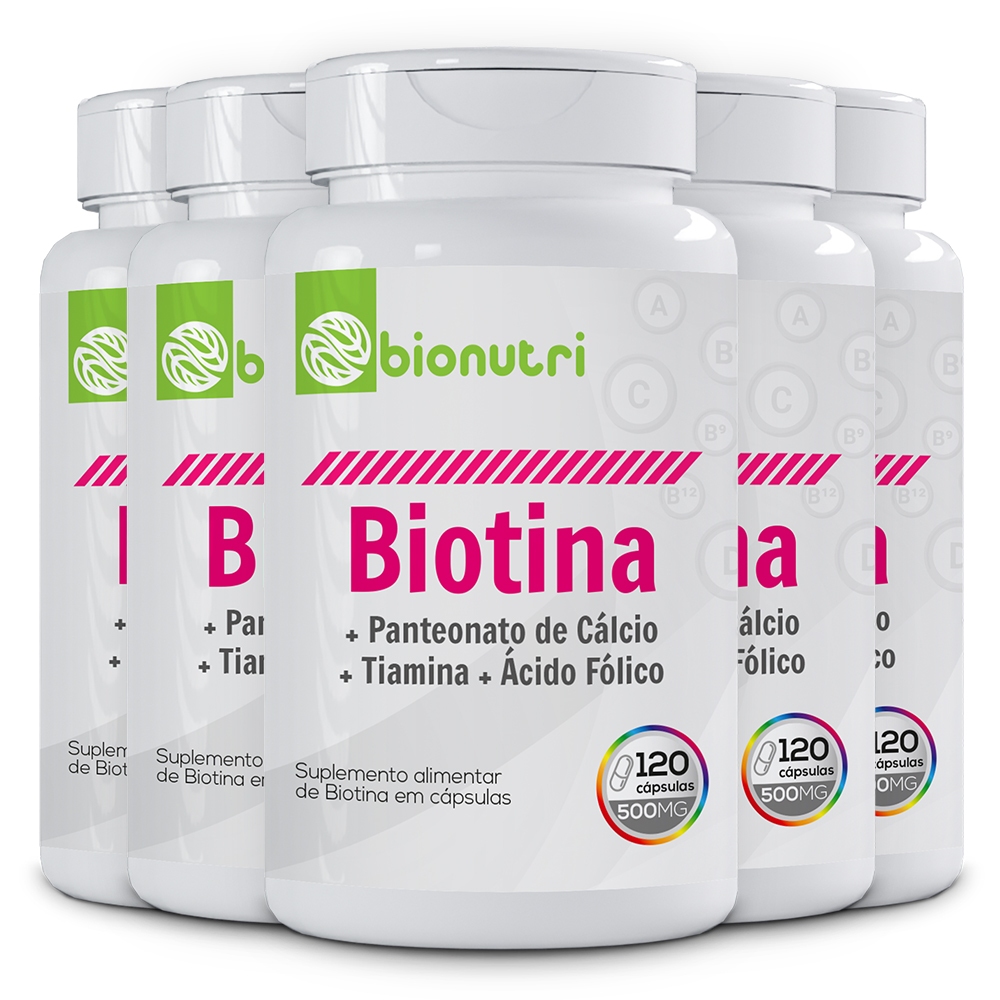 Kit 5x Biotina com Panteonato de Calcio + Tiamina + Acido Folico 120 Capsulas - Bionutri