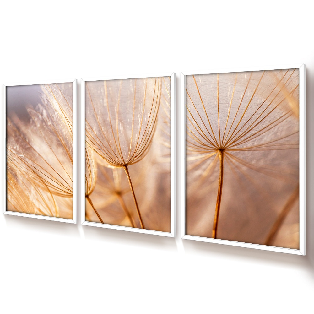 Quadro Dente De Leão Grande Trio De Quadros Decorativos Com Moldura Quadro Dourado Para Sala Quarto