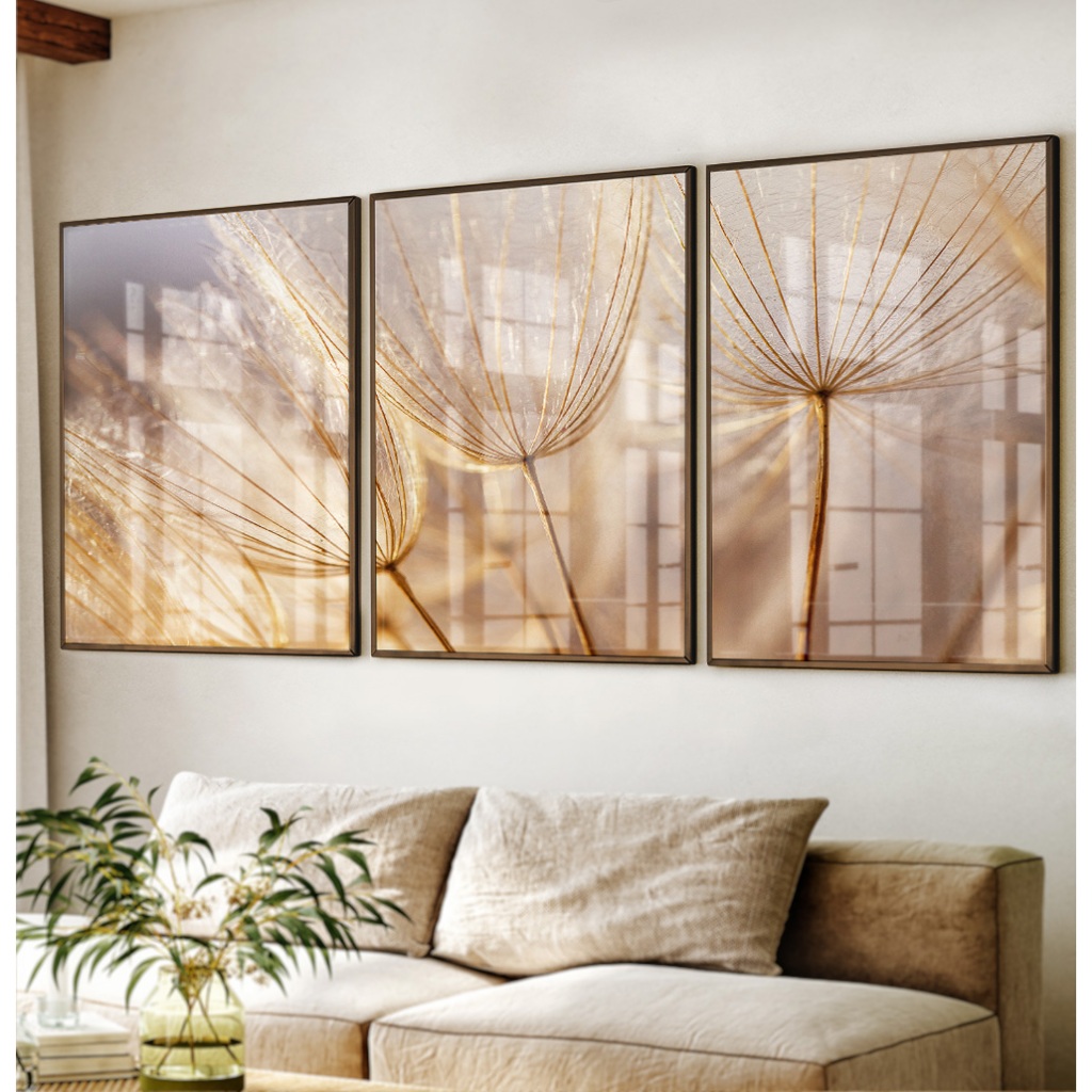 Imagem Quadro Dente De Leão Grande Trio De Quadros Decorativos Com Moldura Quadro Dourado Para Sala Quarto
