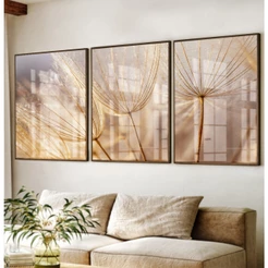 Quadro Dente De Leão Com Moldura Trio De Quadros Decorativos Para Sala Quadro Quarto Casal Dourado