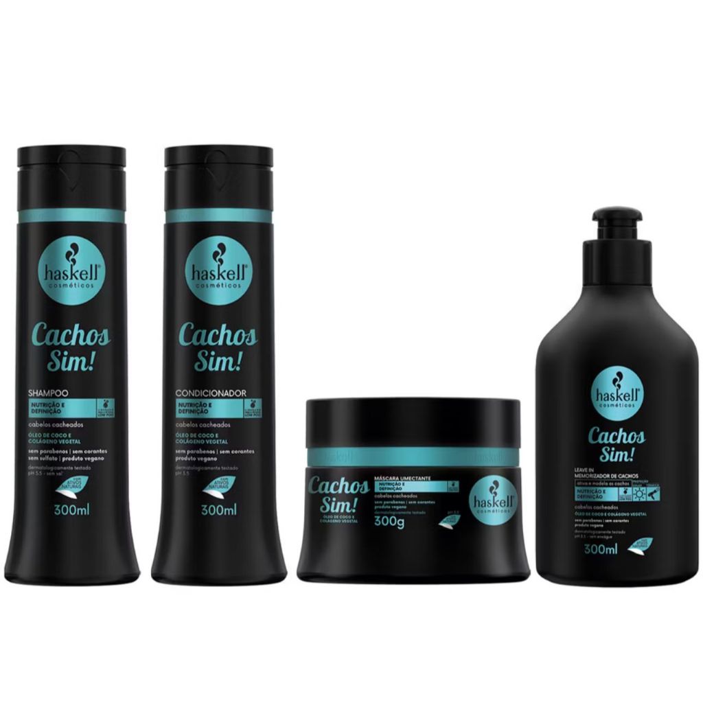 Kit Completo Haskell Cachos Sim! Shampoo 300g, Condicionador 300g, Máscara 300gr e Leave-in 300g