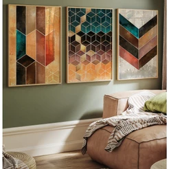 Quadro Decorativo Sala Com Moldura Trio Quadro Abstrato Grande Para Sala Geométrico Cubos Chevron