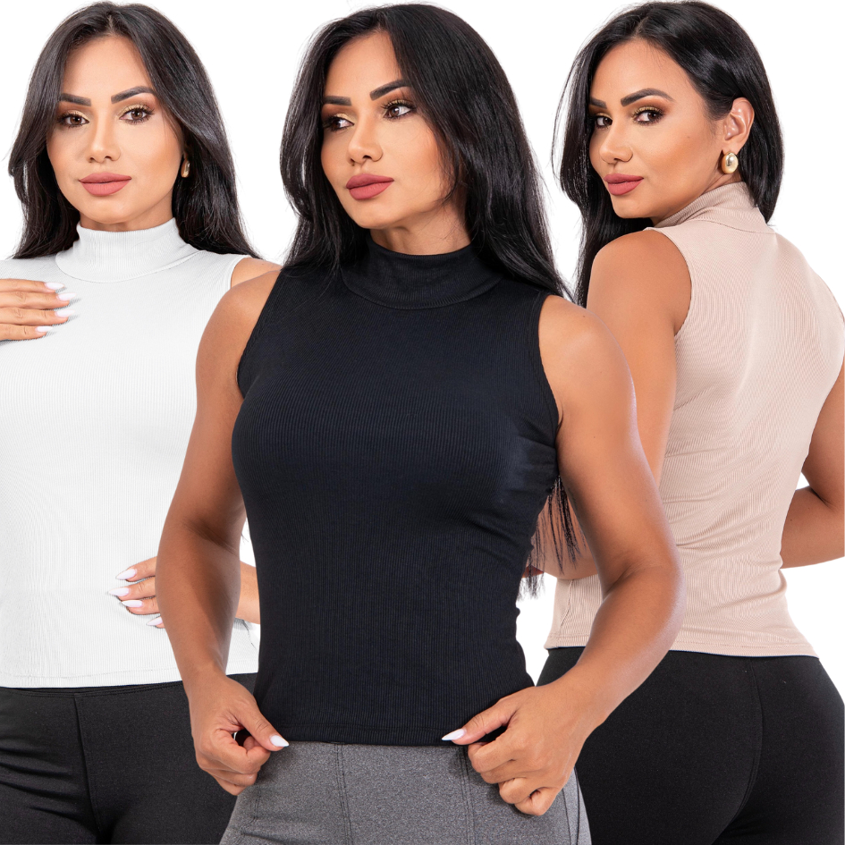 Blusa Regata Canelada Gola Alta Moda Feminina Casual e Elegante Do M ao GG