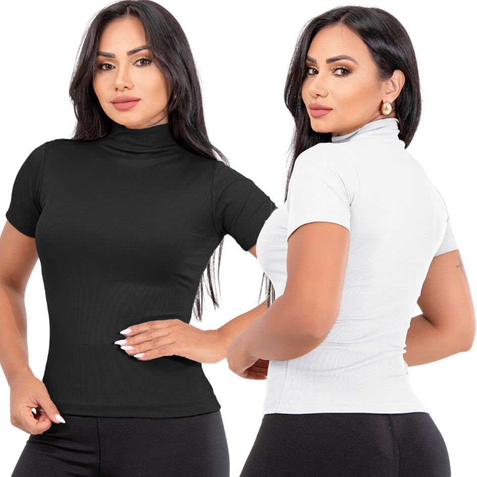Kit 2 Blusas Feminina Manga Curta Gola Alta Canelada Moda Blogueira T-Shirt na Ribana
