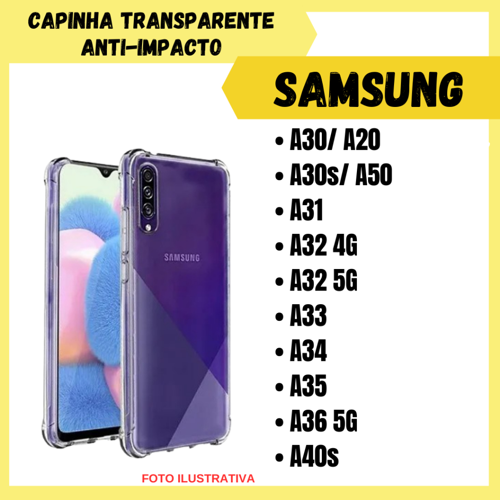 Capa Transparente Anti Impacto Para Samsung A30/ A20/ A30s/ A50/ A31/ A32 4G/ A32 5G/ A33/ A34/ A35/ A36 5G/ A40s (CF09)