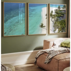 Quadro Praia Coqueiros Mar Azul Quadro Decorativo Sala Paisagem Trio Quadro Com Moldura E Vidro