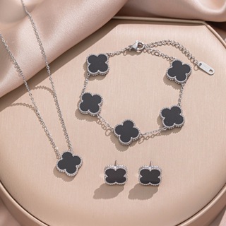 Conjunto 3 peças de colar, pulseira e brincos de trevo de quatro folhas em aço inoxidável prateado, à prova d'água em Oferta na Shopee