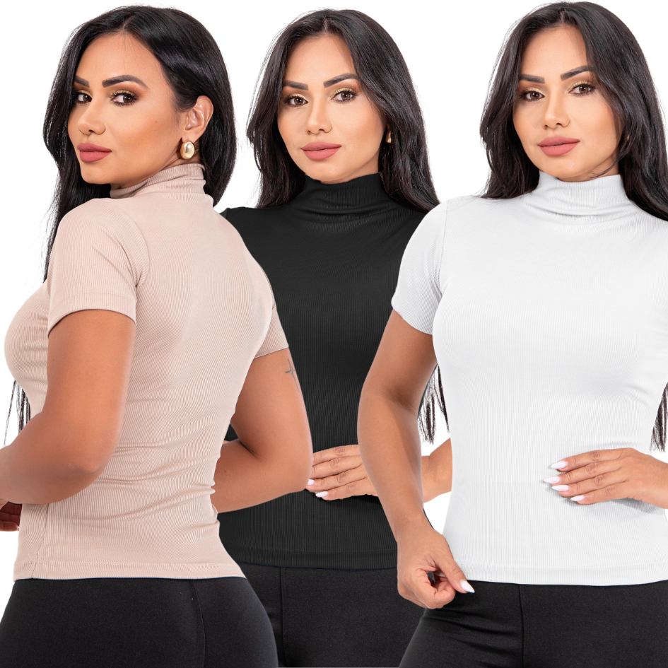 Kit 3 Blusas Feminina Manga Curta Gola Alta Canelada Moda Blogueira T-Shirt na Ribana
