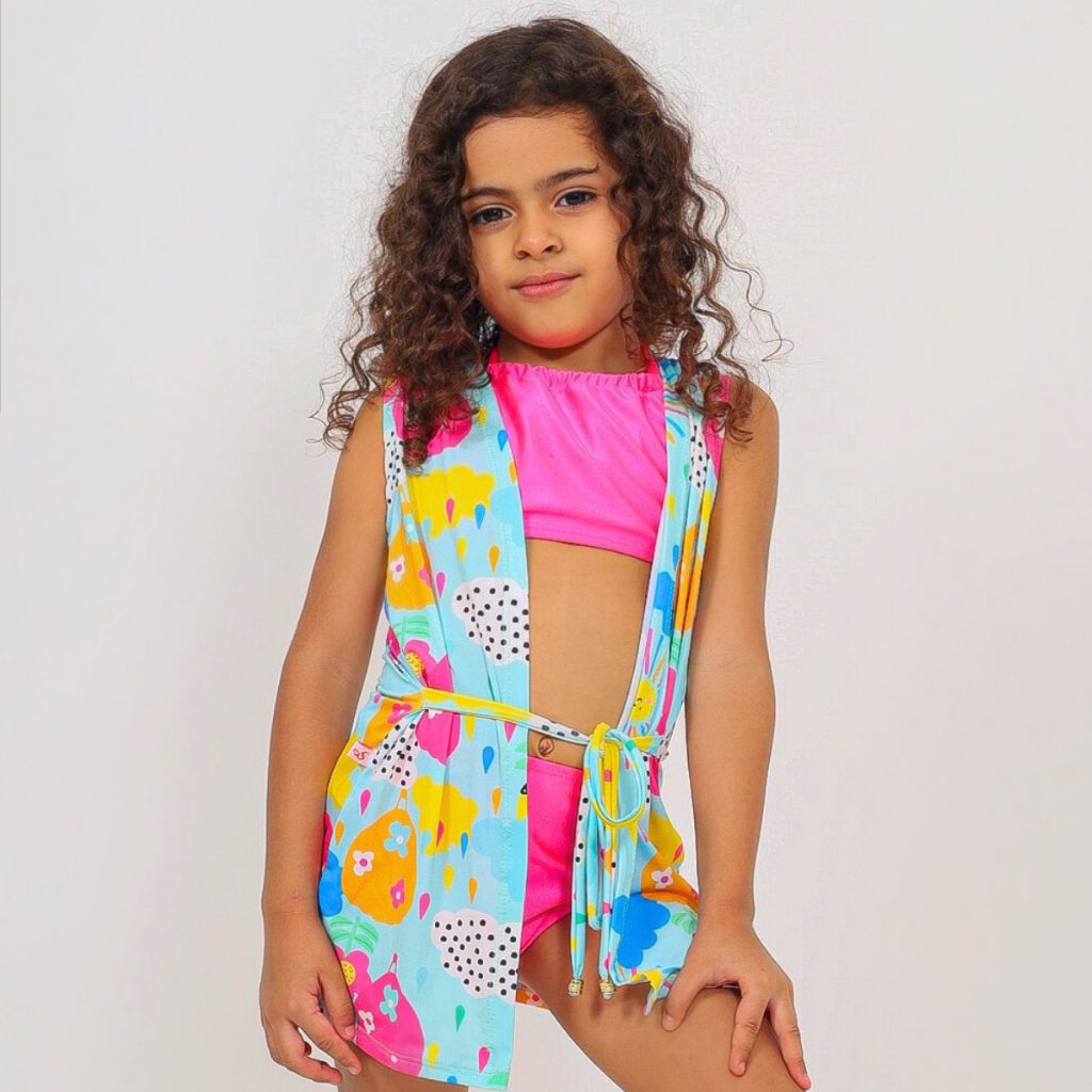 Roupão Infantil  Menina Estampado Amarração Frontal Moda Praia Aveludado Acolchoado Banho Piscina