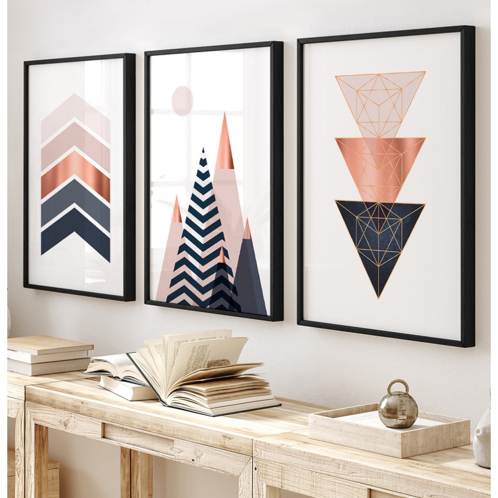 Quadro Minimalista Quadro Com Moldura E Vidro Quadro Decorativo Sala Grande Triângulos Rose Trio