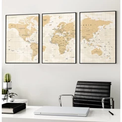 Quadro Mapa Mundi Vintage Quadro Decorativo Sala Com Moldura Escritório Mapa Mundi Parede Trio