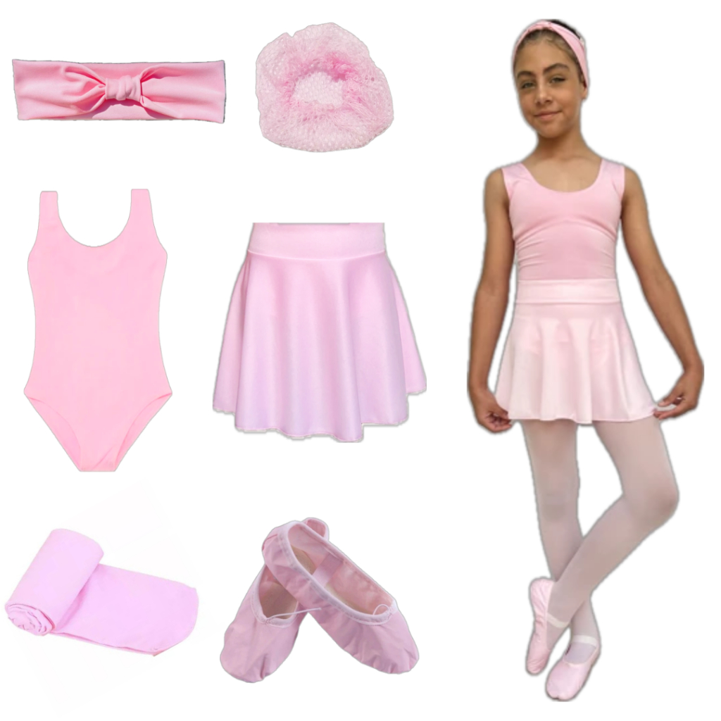Kit Ballet Infantil Com 6 Itens: Faixa + Rede + Collant Regata + Saia De Cós + Meia + Sapatilha