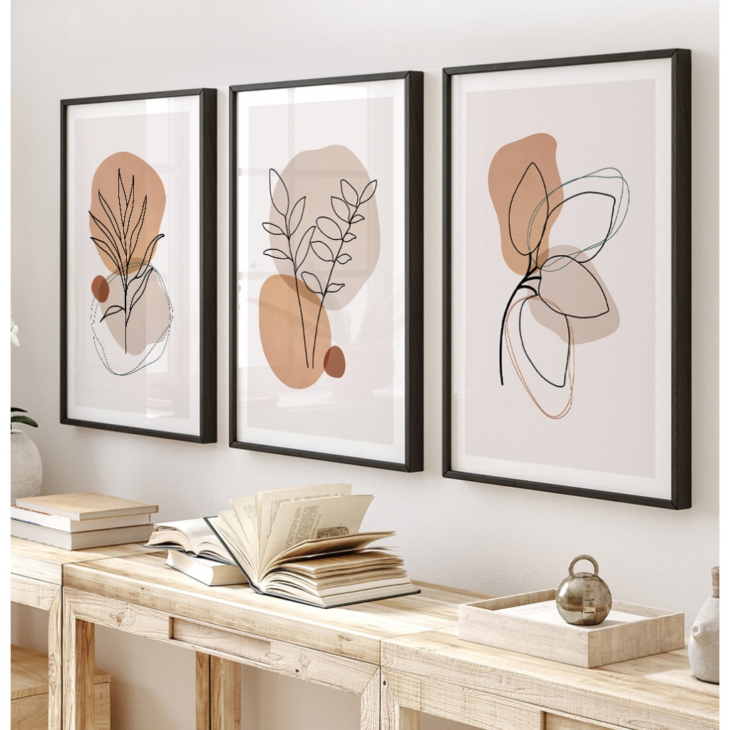 Quadro Minimalista Com Moldura E Vidro Quadro Abstrato Decorativo Quadro Folhagem Orgânica Trio