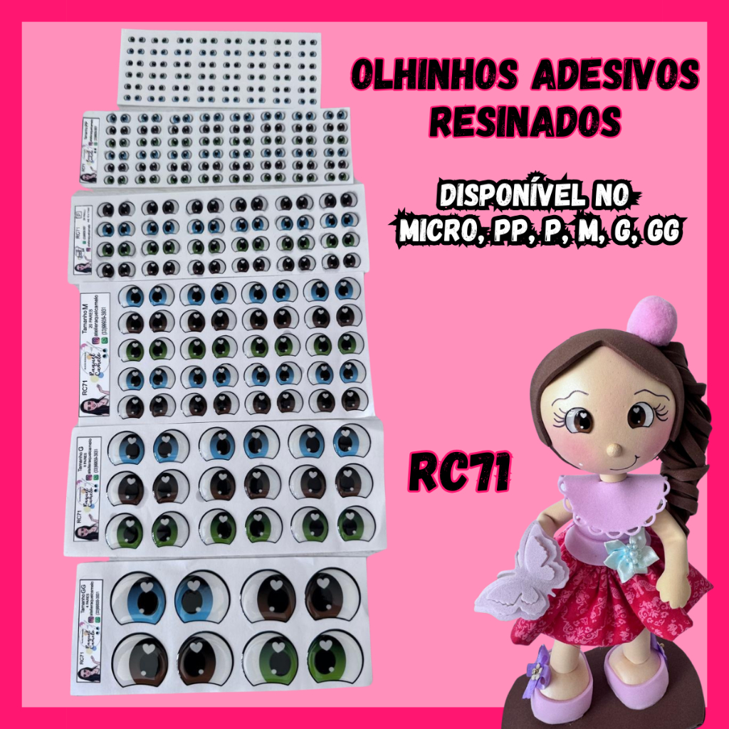 Olhinhos Adesivos Resinados Micro PP P M G GG Olhos Biscuit Feltro EVA Artesanato Cartela RC71 em Oferta na Shopee