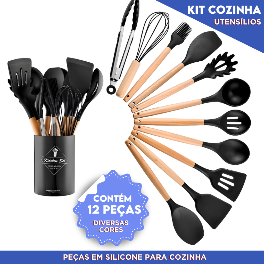Kit Utensílios de Cozinha Com 5/12 Peças em Silicone com Cabo de Madeira Completo  - Mazzal