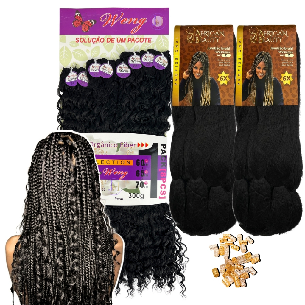 Kit Gypsy Cacho Orgânico Anjo Weng + 2 Jumbo African Beauty Box Braids + Anéis