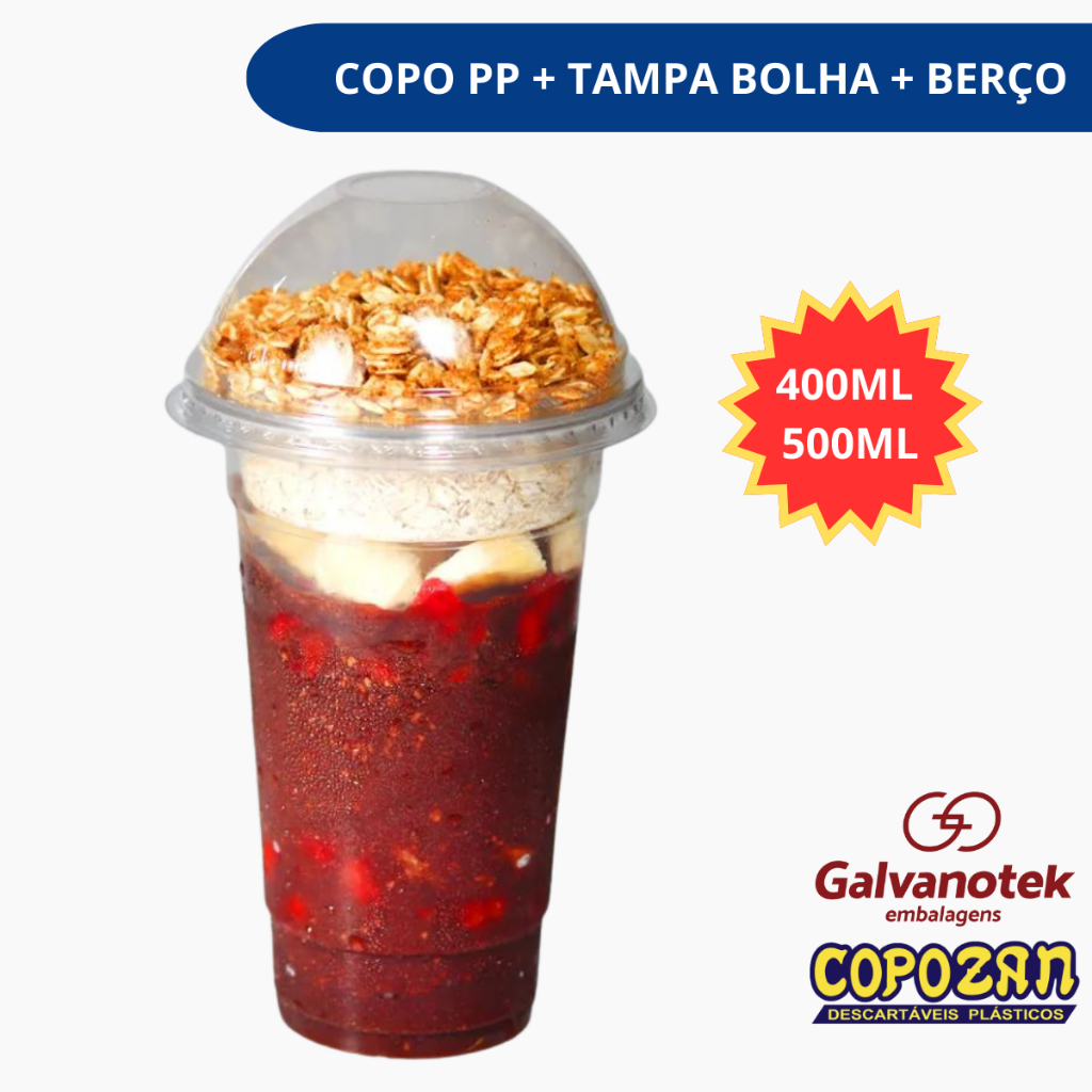 Copo PP com Berço e Tampa Bolha 400 e 500 ml Copo da Felicidade | Opcional: Colher de sobremesa