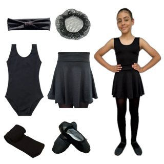 Kit Ballet Infantil Preto Com 6 Itens: Faixa + Rede + Collant Regata + Saia De Cós + Meia + Sapatilha em Oferta na Shopee