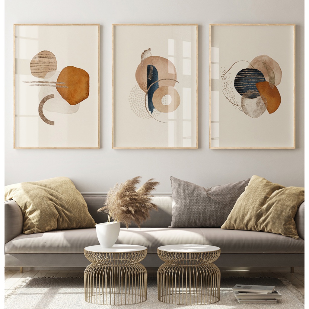 Quadros Decorativos Com MOLDURA Sala Quarto Trio Coleção Arte Estilo Boho Formas Bege Terra e Azul em Oferta na Shopee