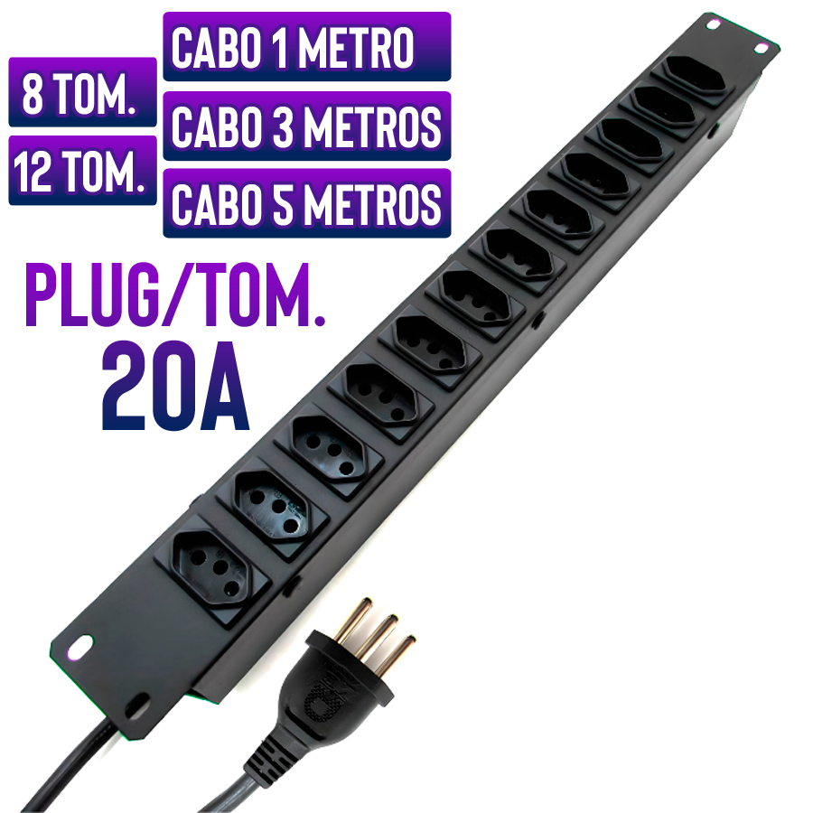 Filtro Régua Para Rack 19 Pol C/ 8 e 12 Tom. Cabo 1mt 3mt 5mt ( Plug/Tomadas 20A )