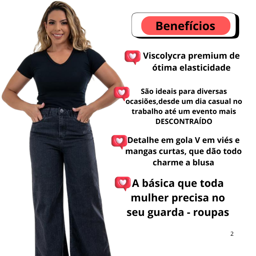 Kit 3 Blusa Feminina Estilosa Camiseta Básica Blusa Gola V Feminina — imagem 2 de 2