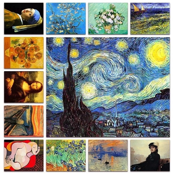 Kit 10 Quadros Decorativos Arte Clássica Vincent van Gogh Leonardo da Vinci Pablo Picasso