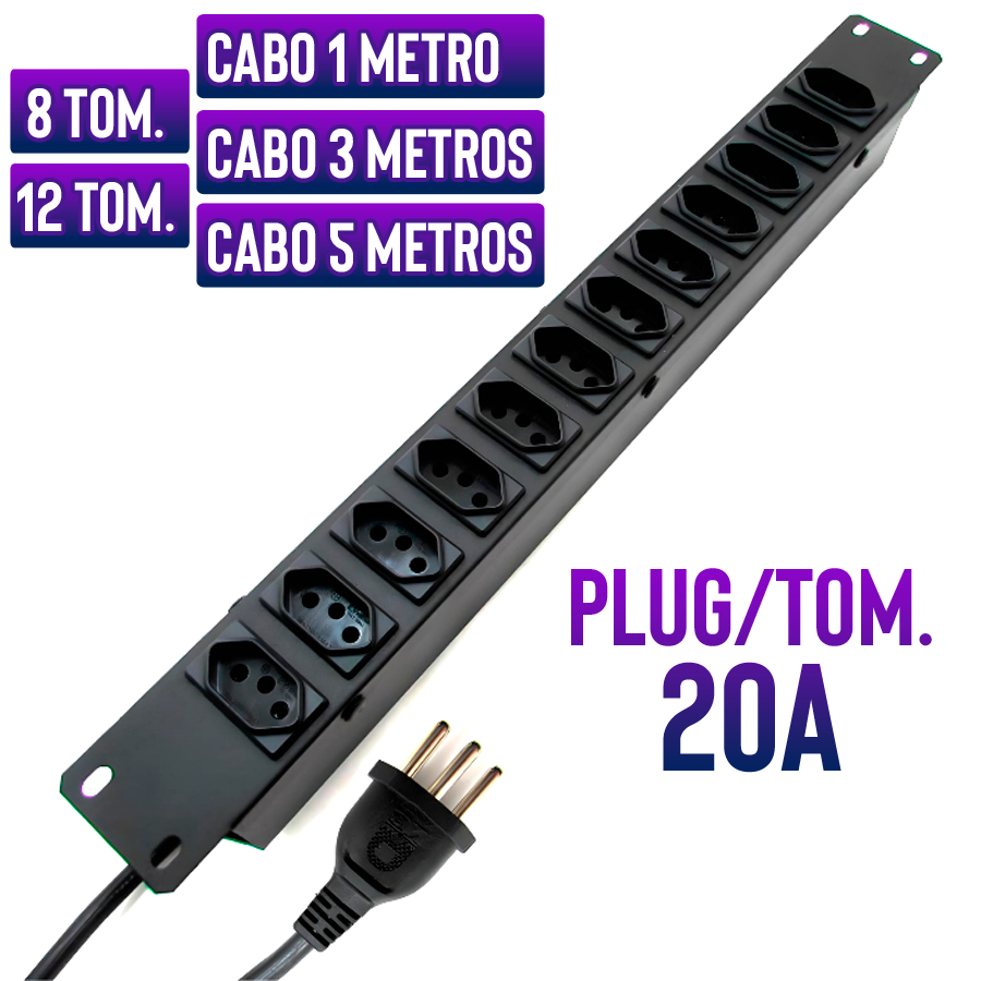 Régua Rack 19 Pol C/ 12 e 8 Tom. Cabo 5mt 3mt 1mt ( Plug/Tomadas 20A ) em Oferta na Shopee