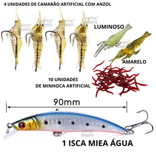 Isca artificial kit 15 unidades meia água 9cm 8,5g camarão de duas cores com anzol e 10 minhocas de 3,5cm pesca em Oferta na Shopee
