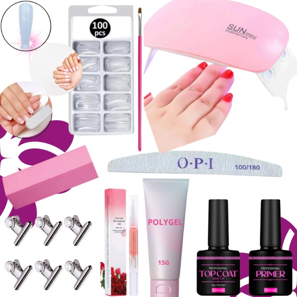 Kit Completo Alongamento De Unha Com Molde F1 Lixa Top Coat Primer Cabine Sun Mini Poligel