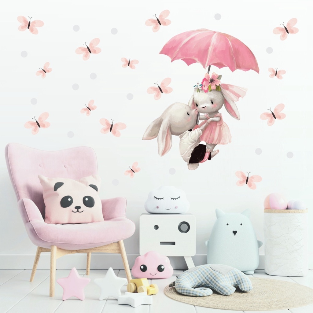 Adesivos De Parede para quartinho Infantil Coelhinhos Baby Com Guarda Chuva quartinho de bebê